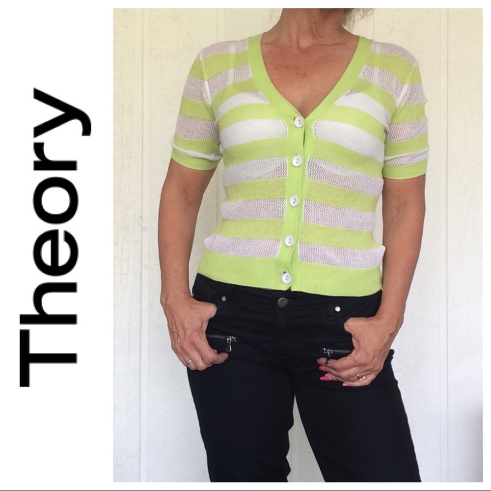 THEORY NEON GREEN STRIPED COTTON CASHMERE SWEATER MEDIUM